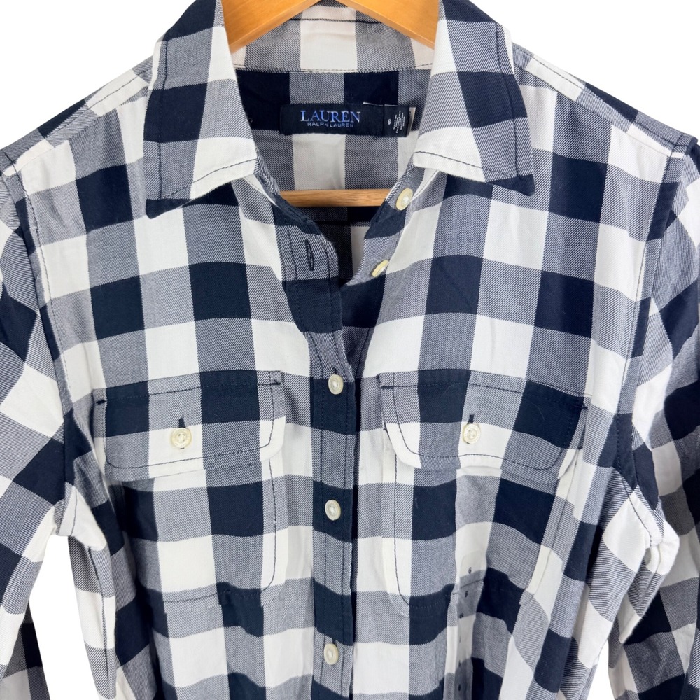 Lauren Ralph Lauren Buffalo Plaid Cotton Shirt Dress Black White 6 Preppy Midi - Picture 4 of 14